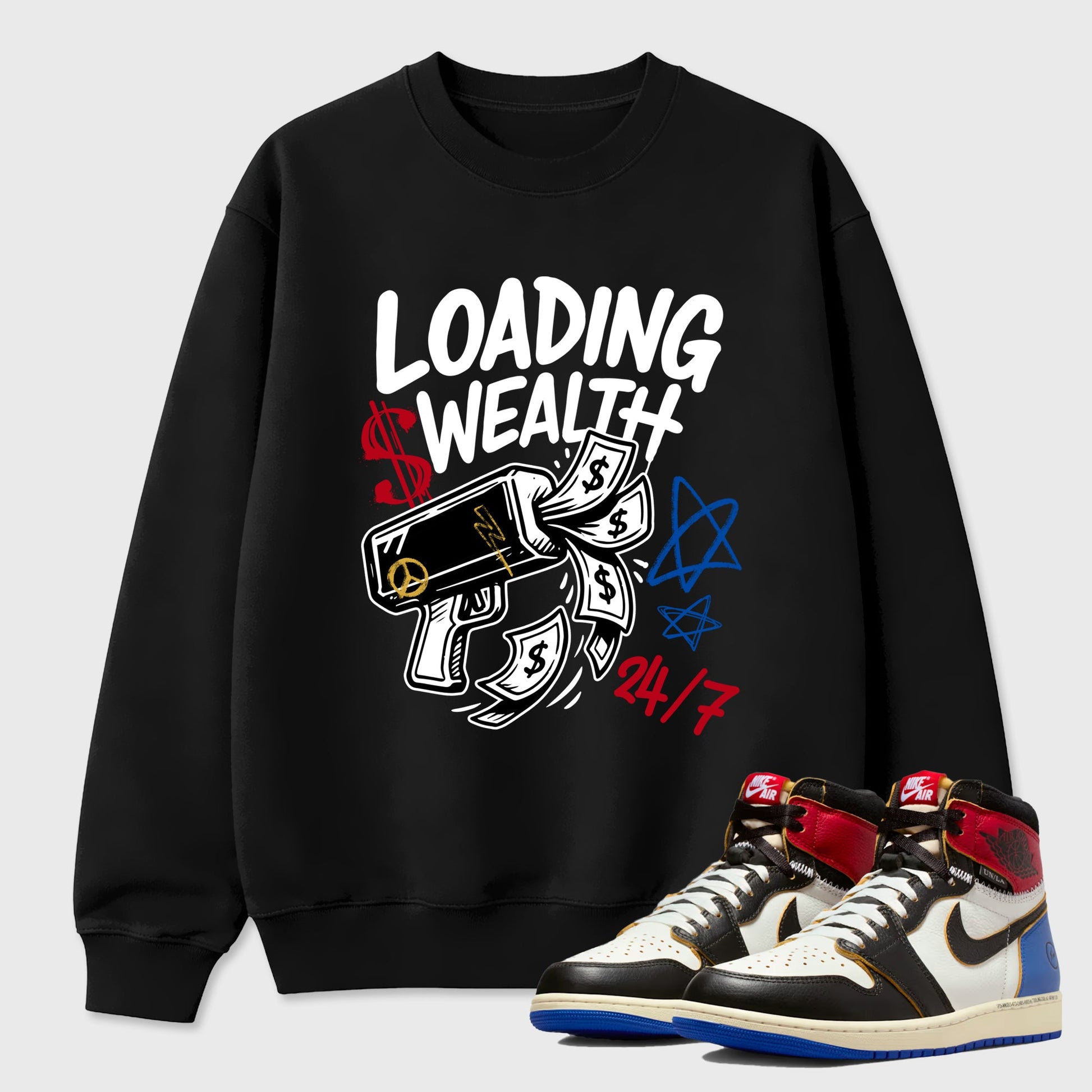 Sneaker match tees – Sneaker Tees To Match Air Jordan 1 Union x Fragment Shoes – Loading Wealth Tee Black 1