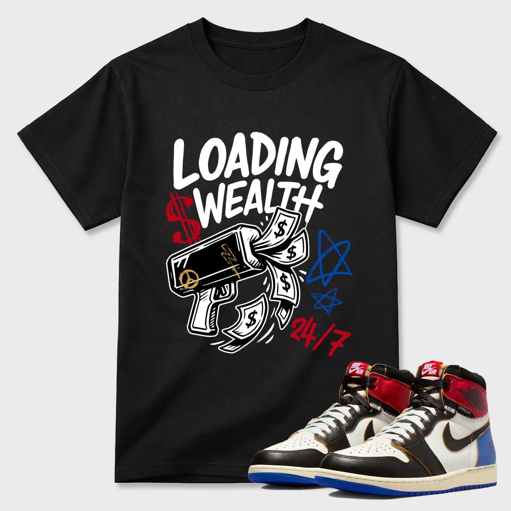 Sneaker match tees – Sneaker Tees To Match Air Jordan 1 Union x Fragment Shoes – Loading Wealth Tee Black 1