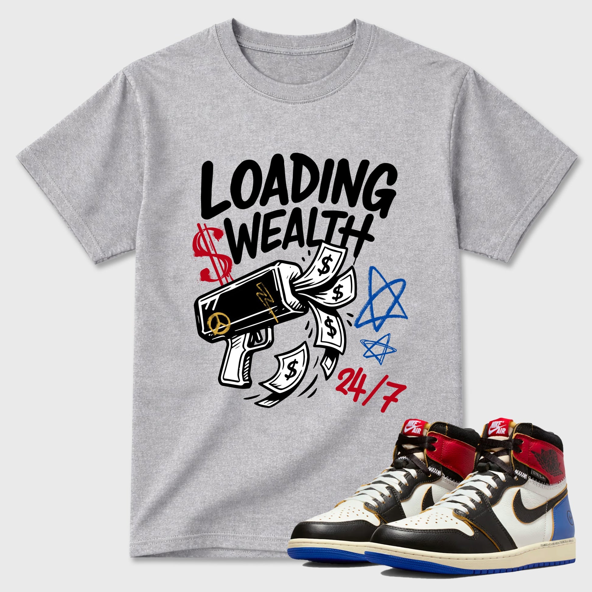 Sneaker match tees – Sneaker Tees To Match Air Jordan 1 Union x Fragment Shoes – Loading Wealth Tee Heather Grey 1