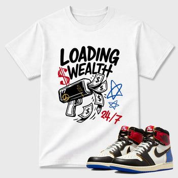 Sneaker match tees – Sneaker Tees To Match Air Jordan 1 Union x Fragment Shoes – Loading Wealth Tee White 1