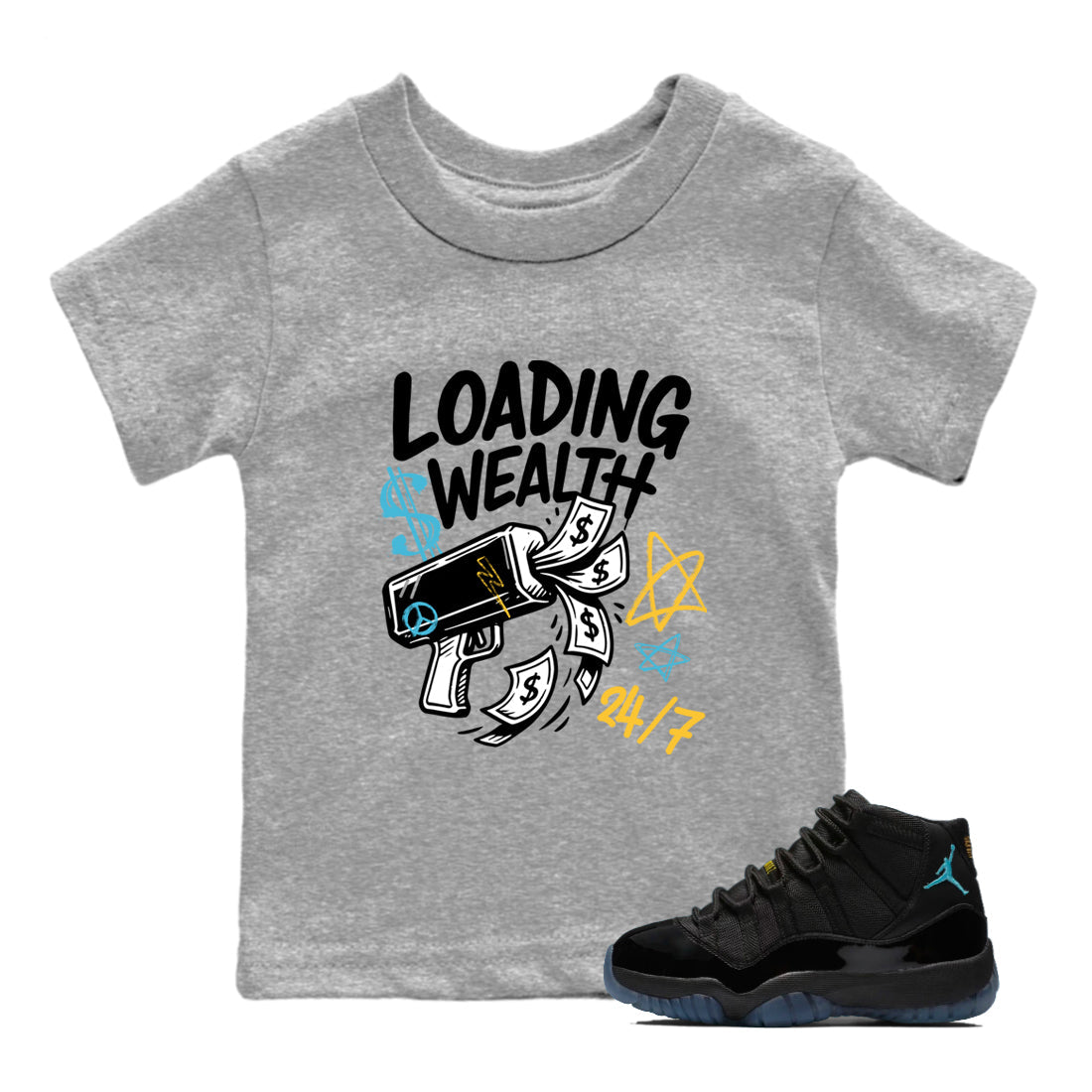 Sneaker match tees – Sneaker Tees To Match Air Jordan 11 Gamma Shoes – Loading Wealth Kids T-Shirt Heather Grey 1