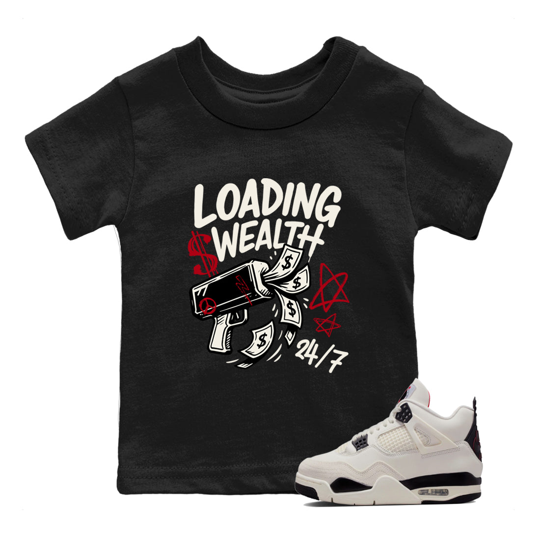 Sneaker match tees – Sneaker Tees To Match Air Jordan 4 Flight Club Shoes – Loading Wealth Kids T-Shirt Black 1