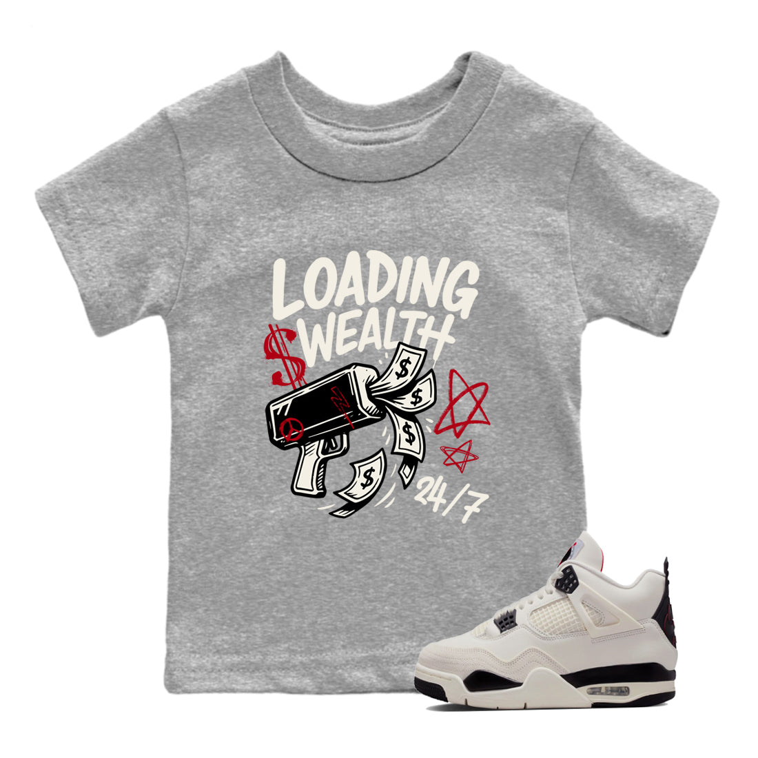 Sneaker match tees – Sneaker Tees To Match Air Jordan 4 Flight Club Shoes – Loading Wealth Kids T-Shirt Heather Grey 1