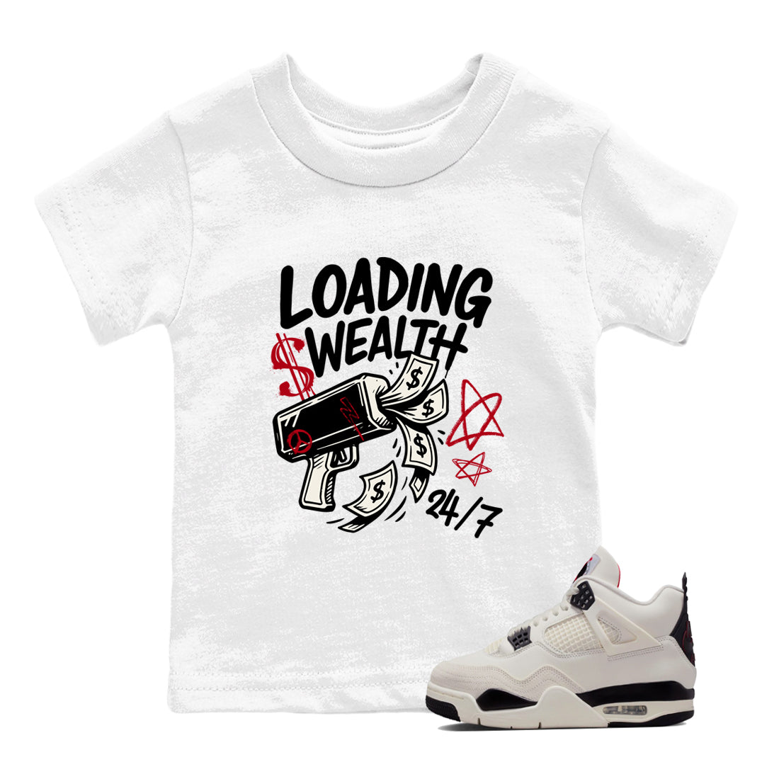 Sneaker match tees – Sneaker Tees To Match Air Jordan 4 Flight Club Shoes – Loading Wealth Kids T-Shirt White 1