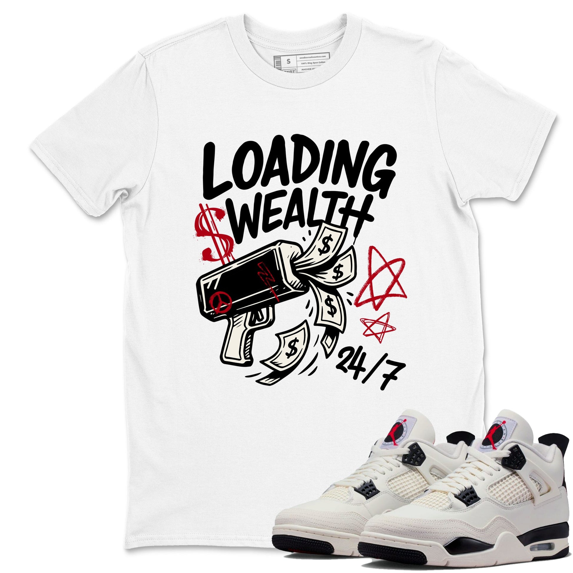 Sneaker match tees – Sneaker Tees To Match Air Jordan 4 Flight Club Shoes – Loading Wealth Tee White 1