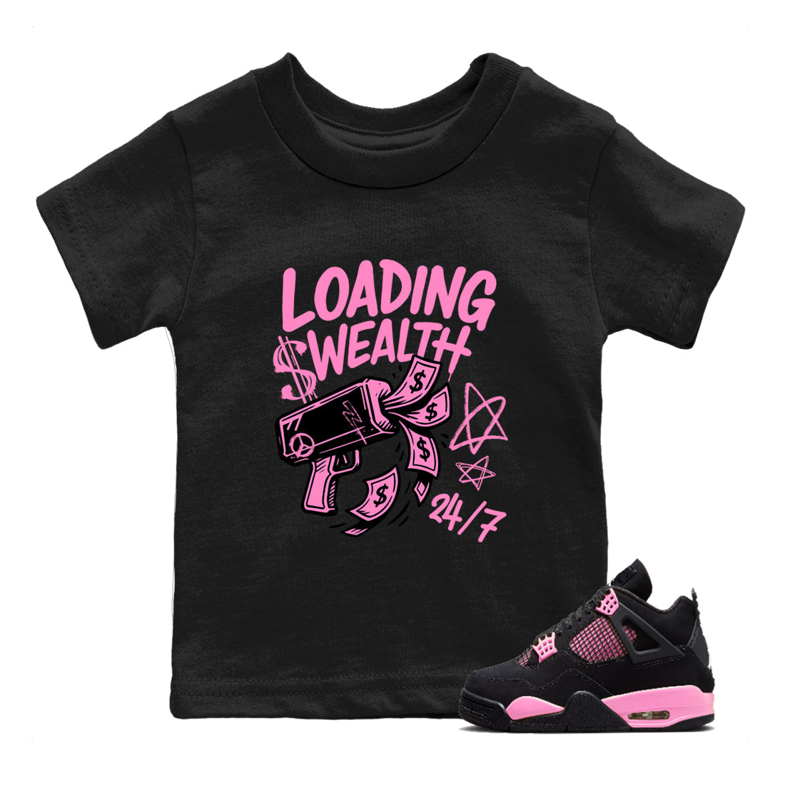 Perfect Valentine's Day Gifts graphic tee  – Sneaker Tees To Match Air Jordan 4 Pink Thunder – Loading Wealth Kids Graphic T-Shirt Black 1
