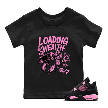 Perfect Valentine's Day Gifts graphic tee  – Sneaker Tees To Match Air Jordan 4 Pink Thunder – Loading Wealth Kids Graphic T-Shirt Black 1