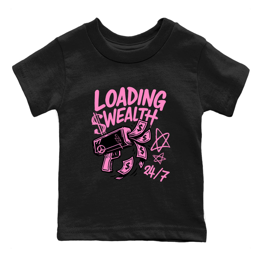 Perfect Valentine's Day Gifts graphic tee  – Sneaker Tees To Match Air Jordan 4 Pink Thunder – Loading Wealth Kids Graphic T-Shirt Black 2