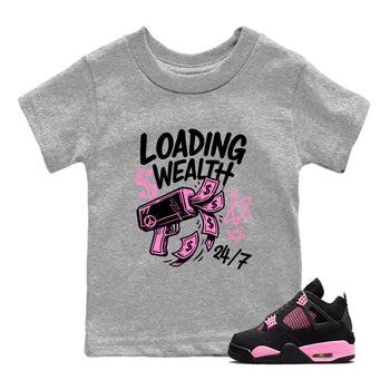 Perfect Valentine's Day Gifts graphic tee  – Sneaker Tees To Match Air Jordan 4 Pink Thunder – Loading Wealth Kids Graphic T-Shirt Heather Grey 1