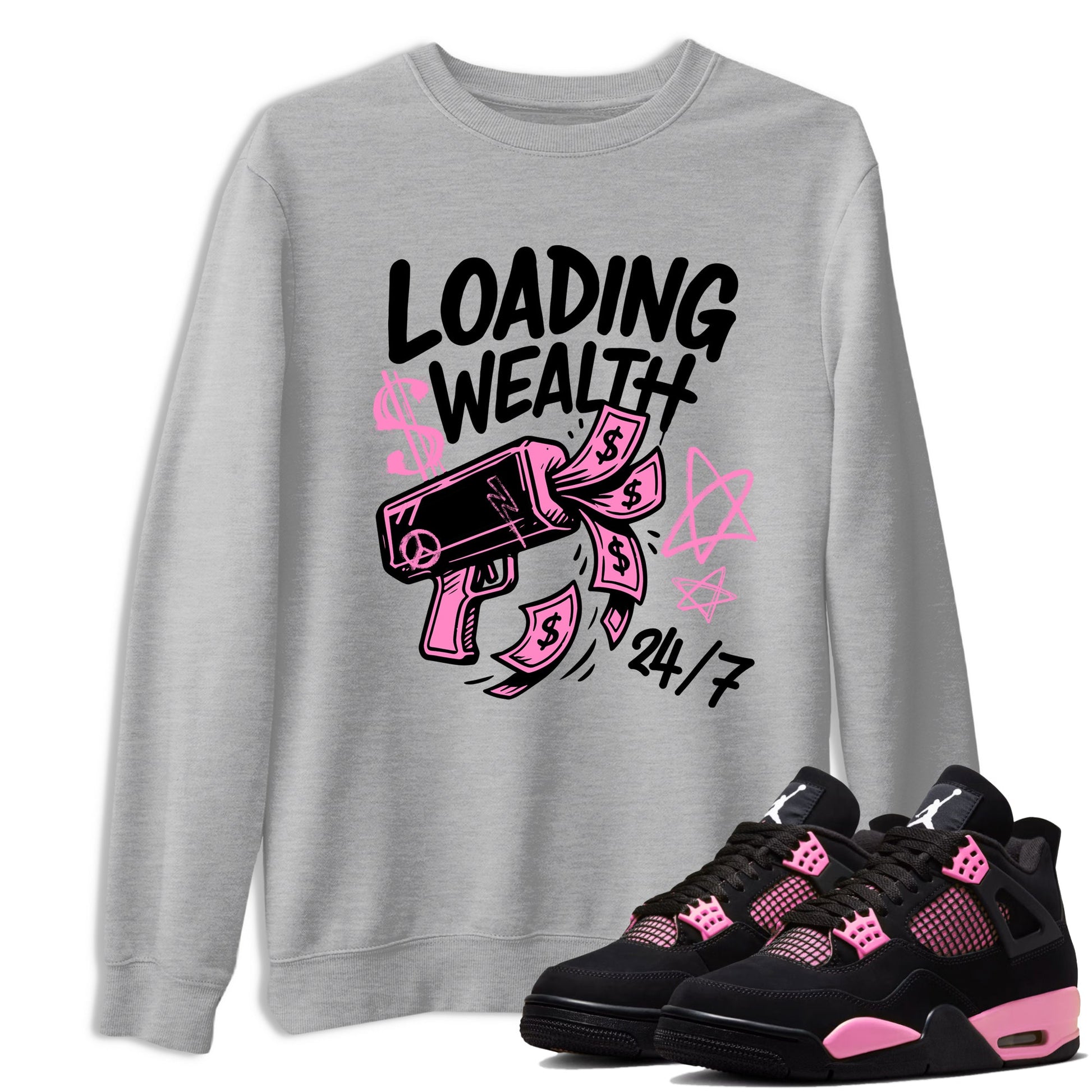Perfect Valentine's Day Gifts graphic tee  – Sneaker Tees To Match Air Jordan 4 Pink Thunder – Loading Wealth Tee Heather Grey 1
