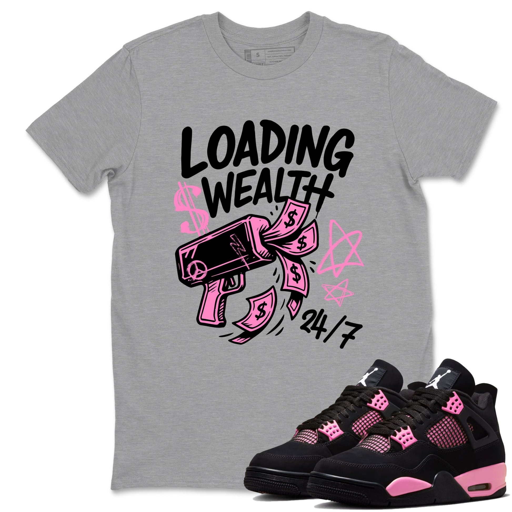 Perfect Valentine's Day Gifts graphic tee  – Sneaker Tees To Match Air Jordan 4 Pink Thunder – Loading Wealth Tee Heather Grey 1