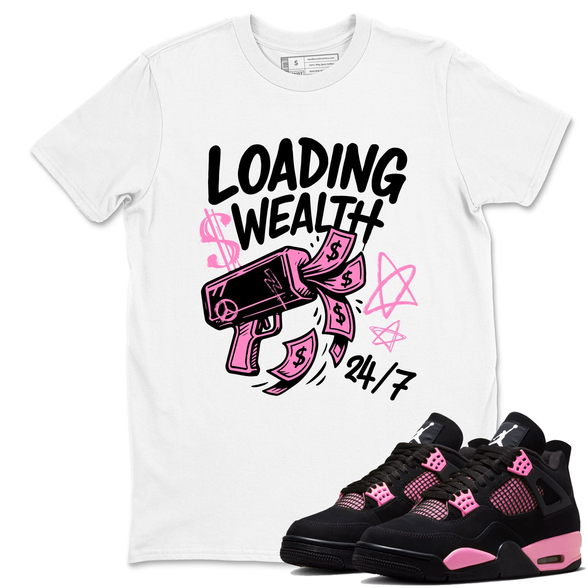 Perfect Valentine's Day Gifts graphic tee  – Sneaker Tees To Match Air Jordan 4 Pink Thunder – Loading Wealth Tee White 1