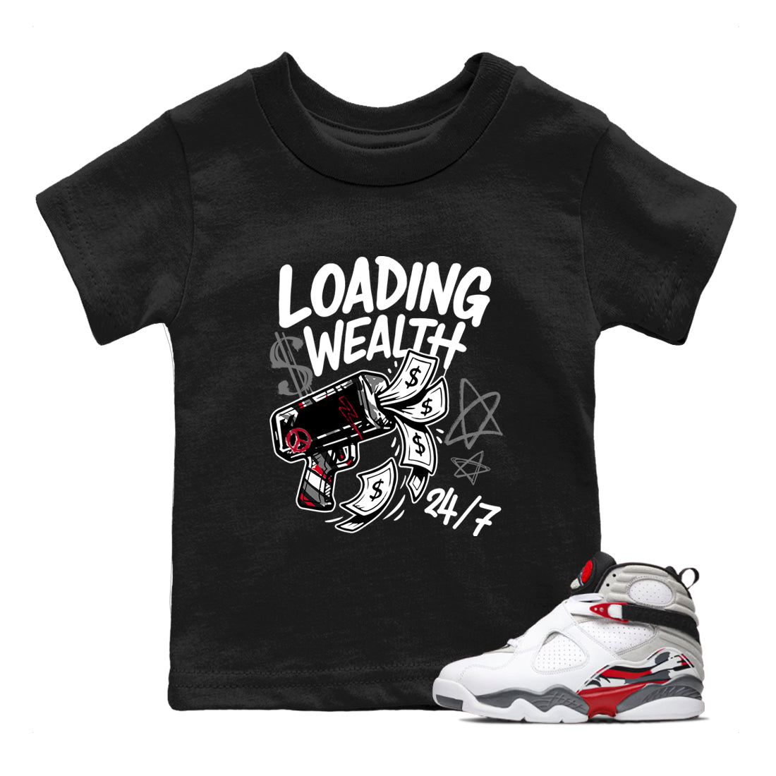 Sneaker match tees – Sneaker Tees To Match Air Jordan 8 Bunny Shoes Air Jordan 8 Bunny White and True Red – Loading Wealth Kids T-Shirt Black 1