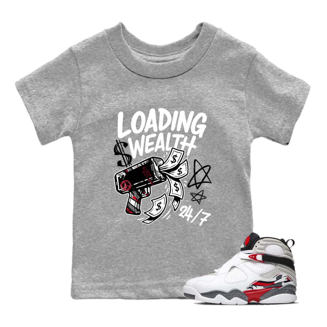 Sneaker match tees – Sneaker Tees To Match Air Jordan 8 Bunny Shoes Air Jordan 8 Bunny White and True Red – Loading Wealth Kids T-Shirt Heather Grey 1