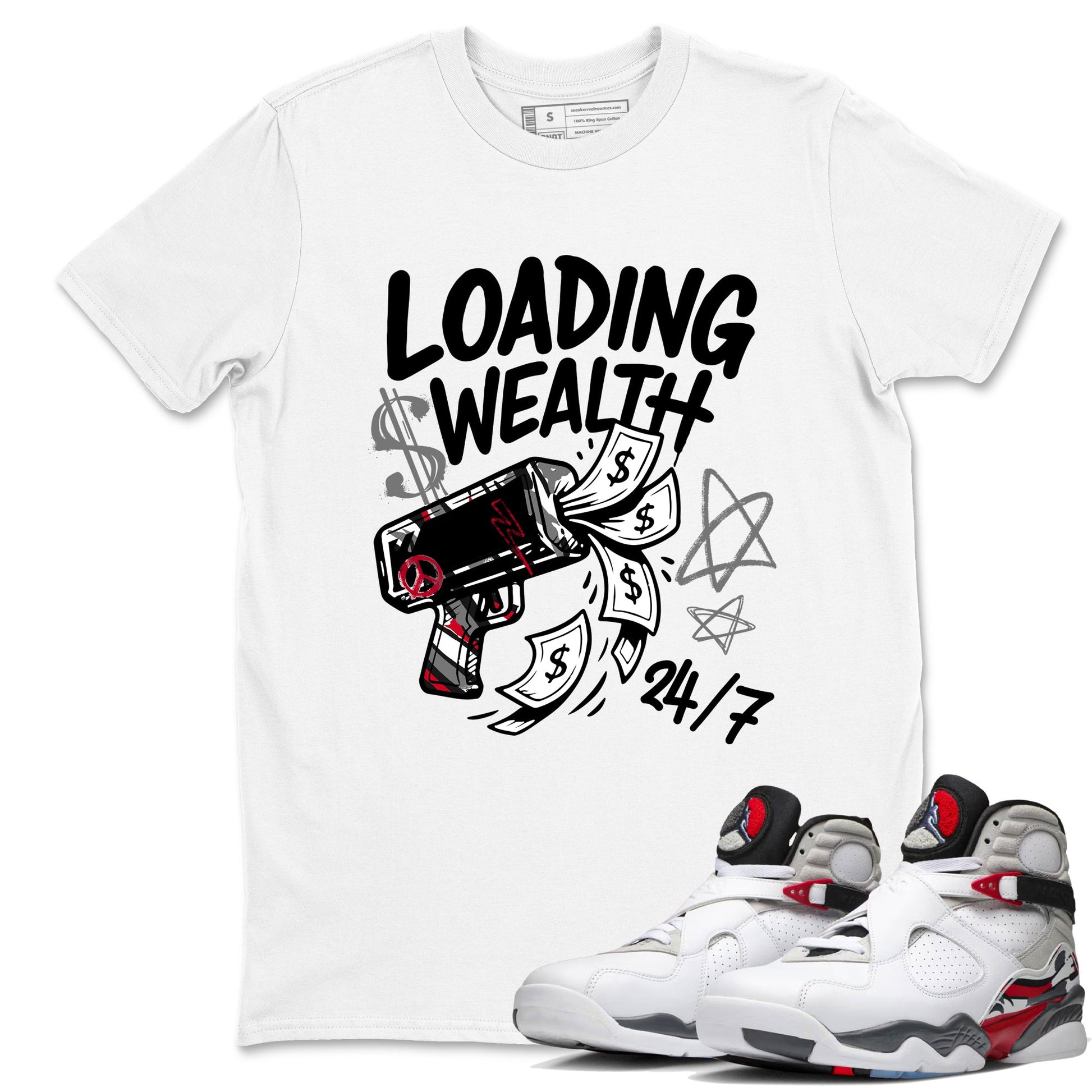 Sneaker match tees – Sneaker Tees To Match Air Jordan 8 Bunny Shoes Air Jordan 8 Bunny White and True Red – Loading Wealth Tee White 1