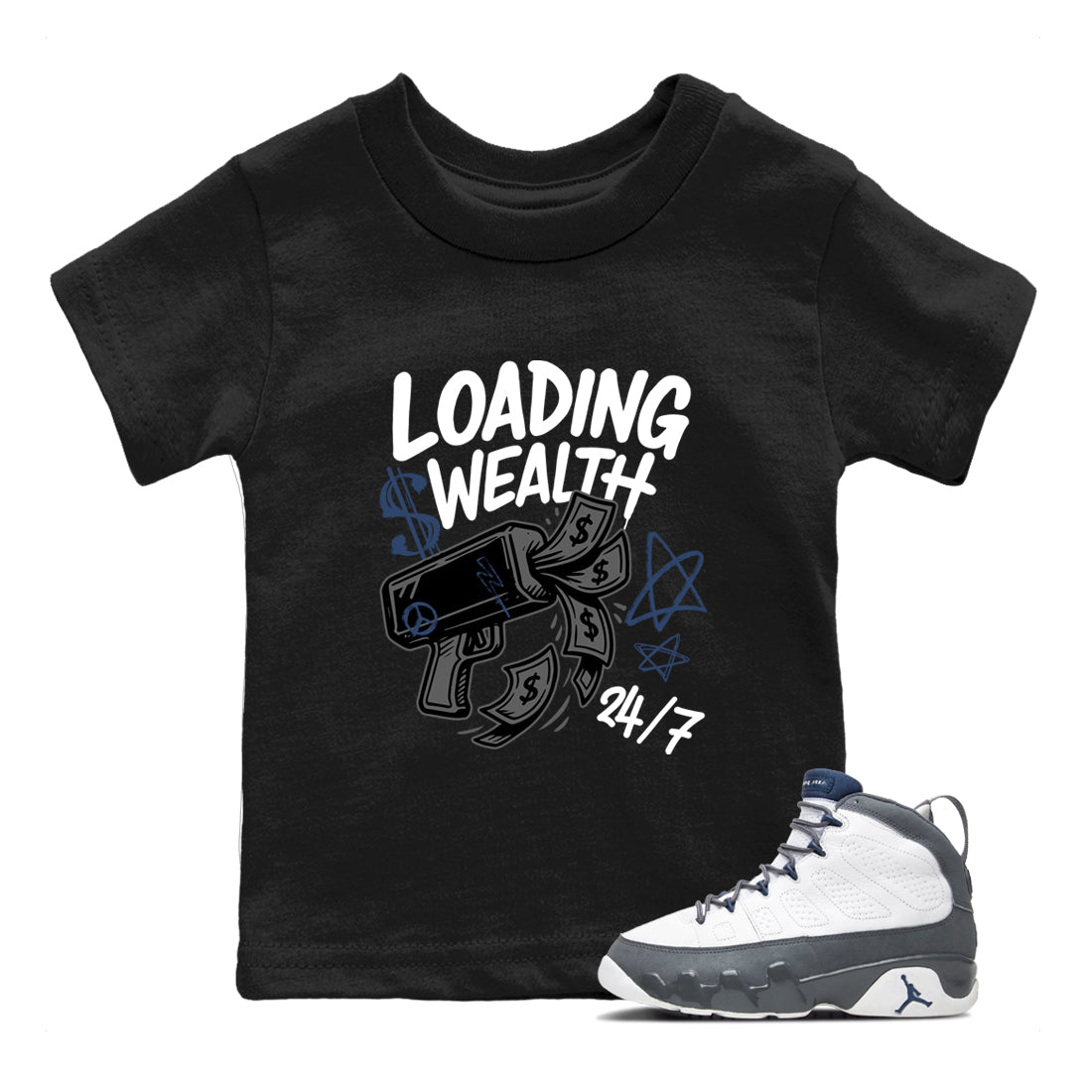Sneaker match tees – Sneaker Tees To Match Air Jordan 9 Flint Grey Shoes – Loading Wealth Kids T-Shirt Black 1