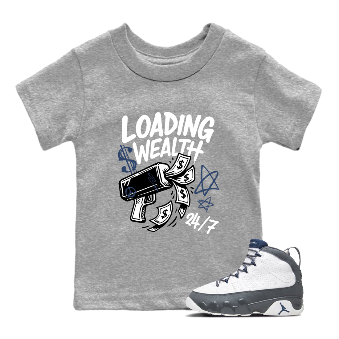 Sneaker match tees – Sneaker Tees To Match Air Jordan 9 Flint Grey Shoes – Loading Wealth Kids T-Shirt Heather Grey 1