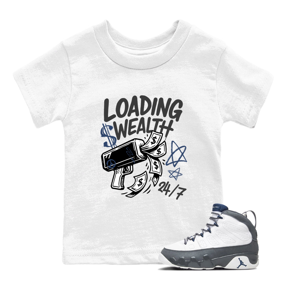 Sneaker match tees – Sneaker Tees To Match Air Jordan 9 Flint Grey Shoes – Loading Wealth Kids T-Shirt White 1