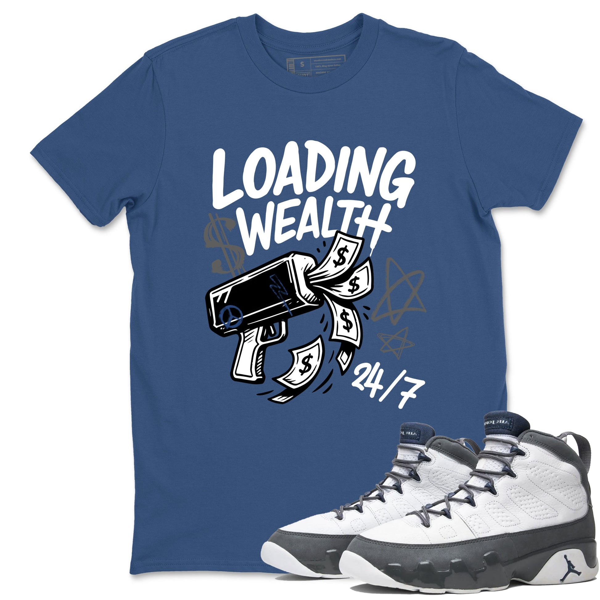Sneaker match tees – Sneaker Tees To Match Air Jordan 9 Flint Grey Shoes – Loading Wealth Tee Denim Blue 1