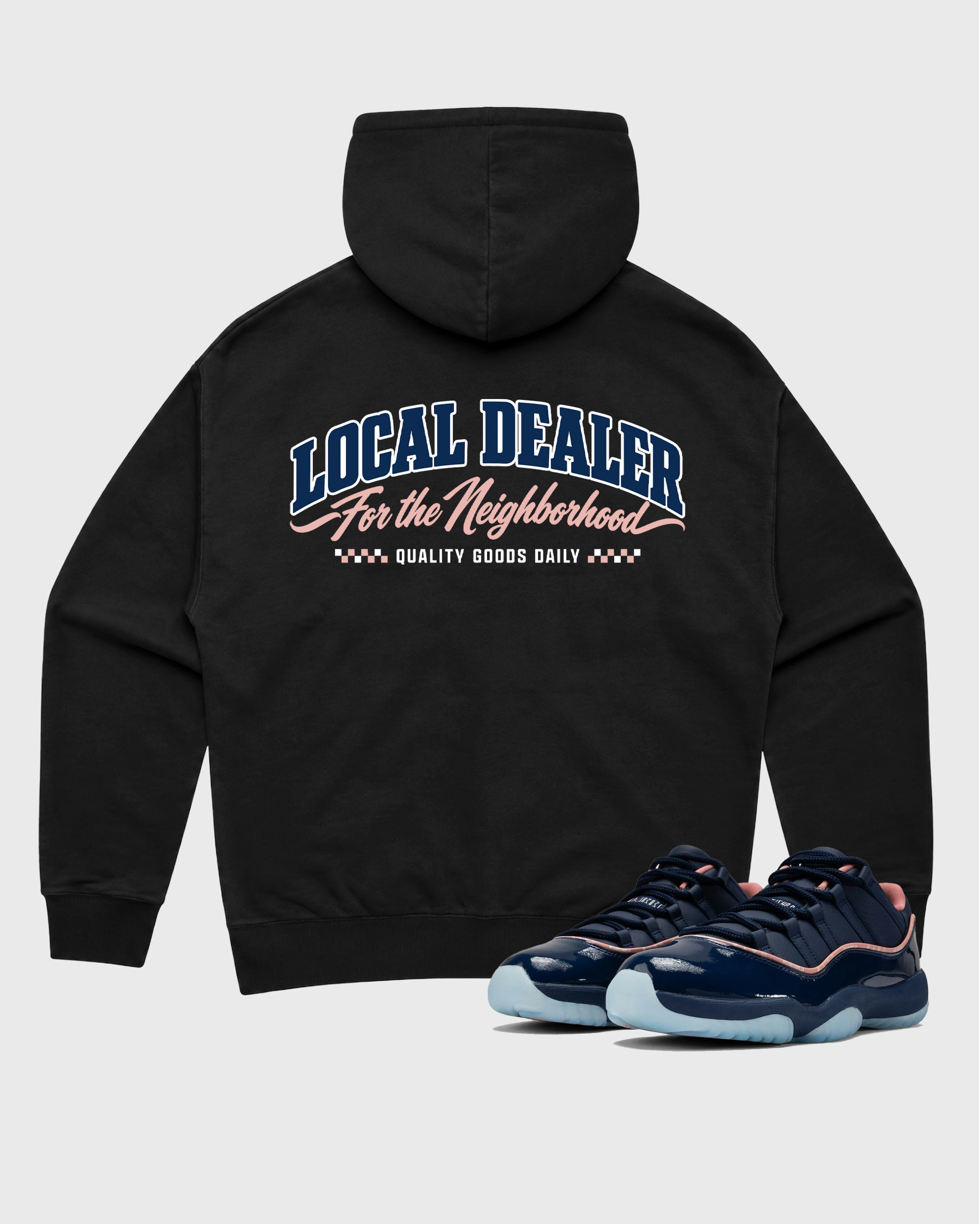Local Dealer Black Graphic Hoodie - 1, a sneaker matching hoodie designed to pair with APB X Air Jordan 11 Low "Made For Locals" sneakers for a coordinated sneaker outfit.