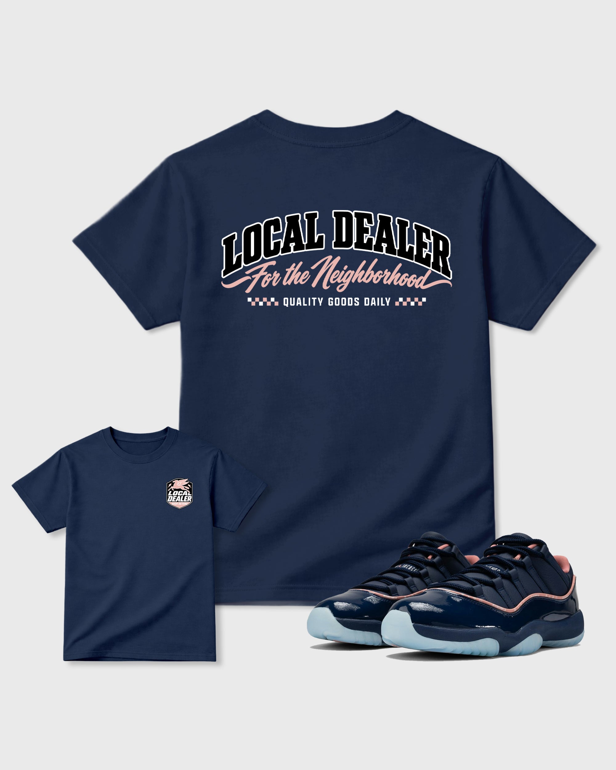 Local Dealer Navy Graphic T-Shirt - 1, sneaker matching tee designed to match APB X Air Jordan 11 Low "Made For Locals" sneakers for a coordinated sneaker outfit.
