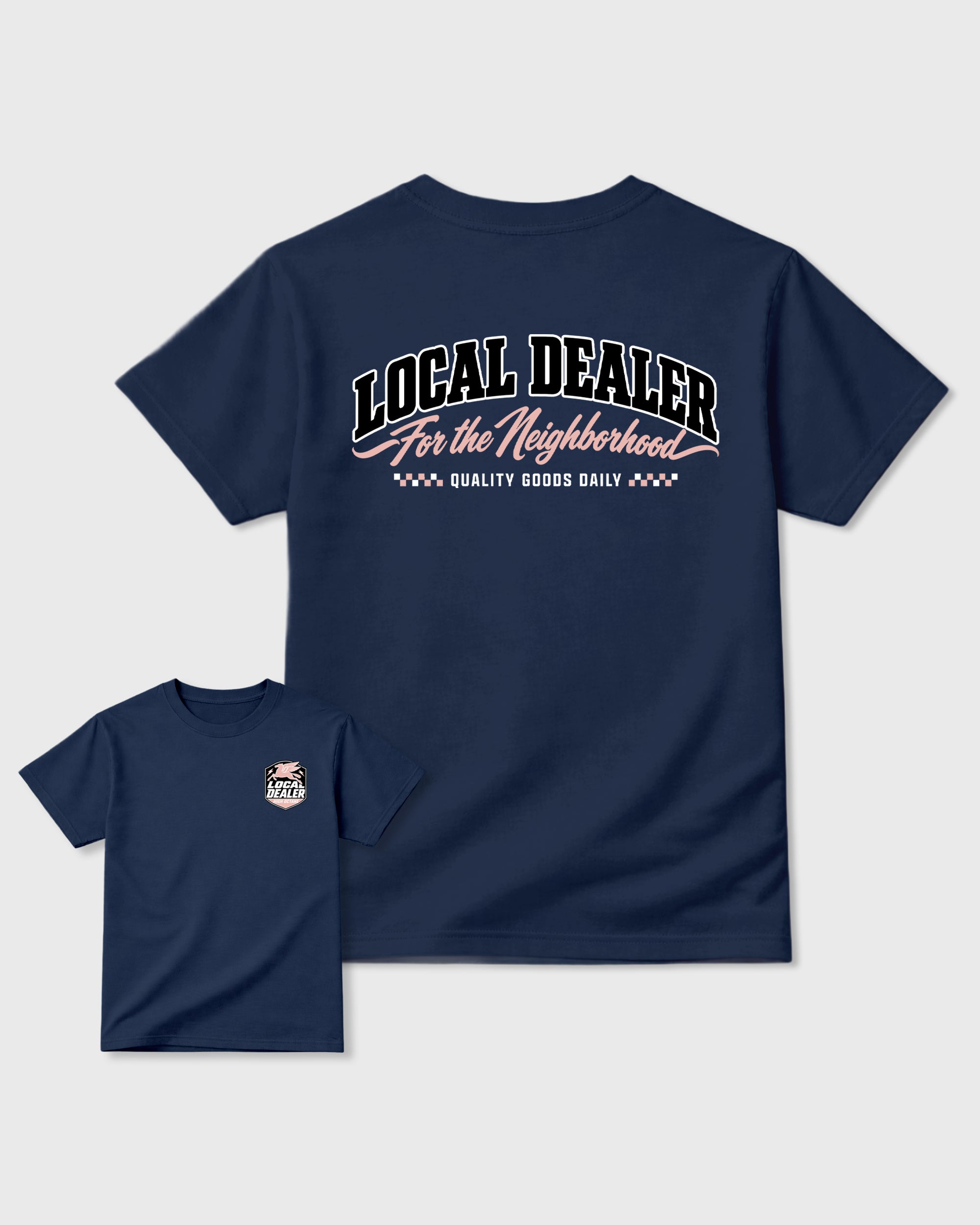 Local Dealer Navy Graphic T-Shirt - 1, sneaker matching tee designed to match APB X Air Jordan 11 Low "Made For Locals" sneakers for a coordinated sneaker outfit.