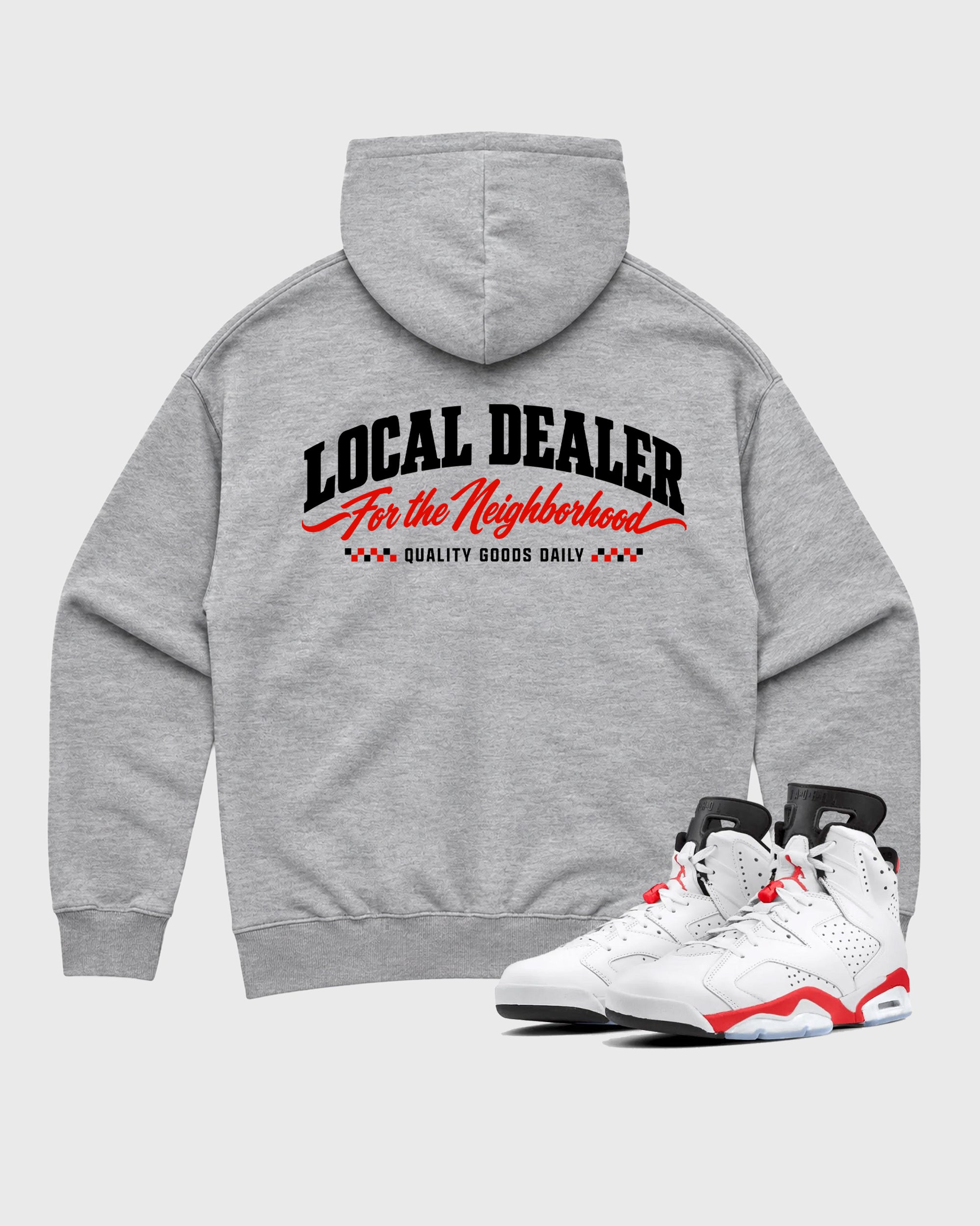 Local Dealer Heather Grey Graphic Hoodie - 1, a sneaker matching hoodie designed to pair with Air Jordan 6 Retro "White Infrared" sneakers for a coordinated sneaker outfit.