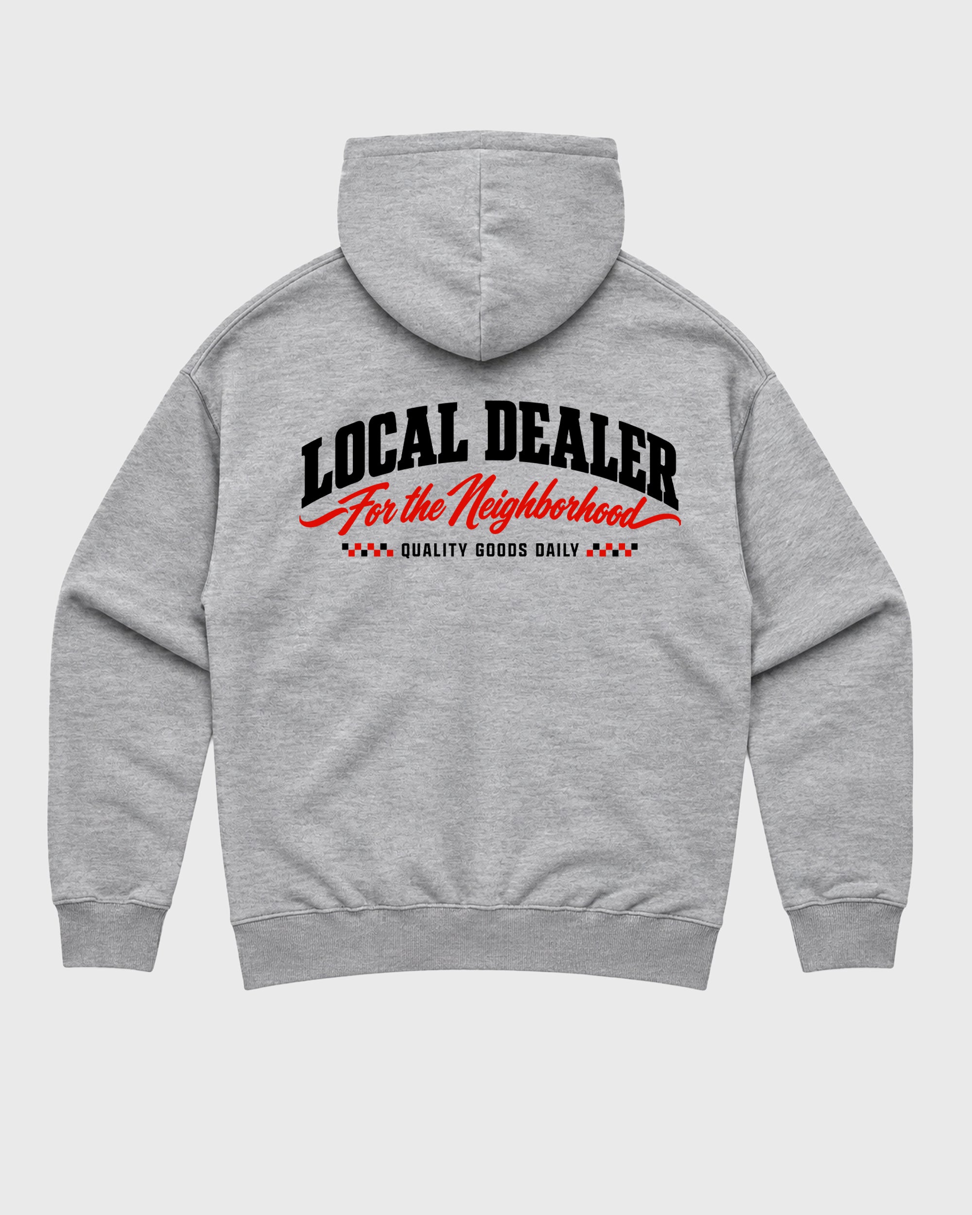 Local Dealer Heather Grey Graphic Hoodie - 1, a sneaker matching hoodie designed to pair with Air Jordan 6 Retro "White Infrared" sneakers for a coordinated sneaker outfit.