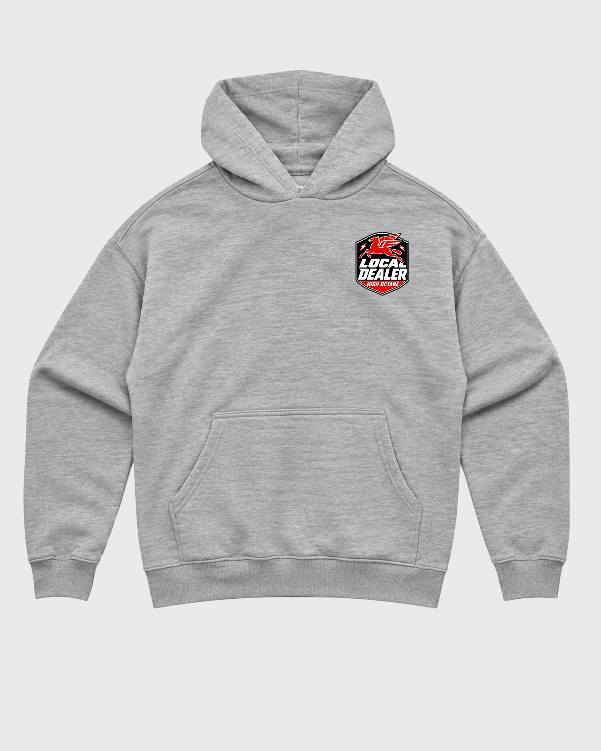Local Dealer Heather Grey Graphic Hoodie - 2, featuring original SNRT streetwear artwork created to complement Air Jordan 6 Retro "White Infrared" sneakers with an easy everyday fit.