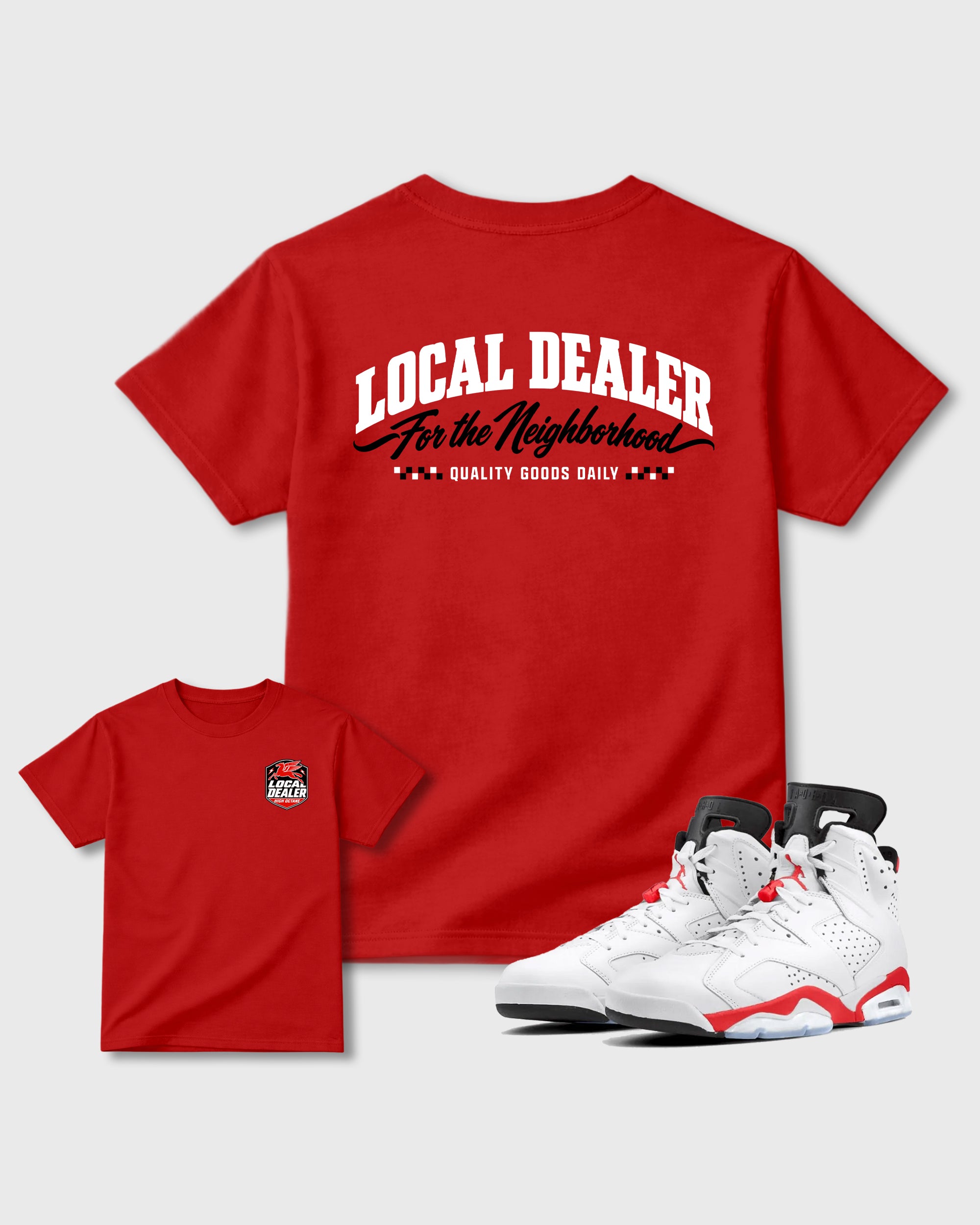 Local Dealer Red Graphic T-Shirt - 1, sneaker matching tee designed to match Air Jordan 6 Retro "White Infrared" sneakers for a coordinated sneaker outfit.