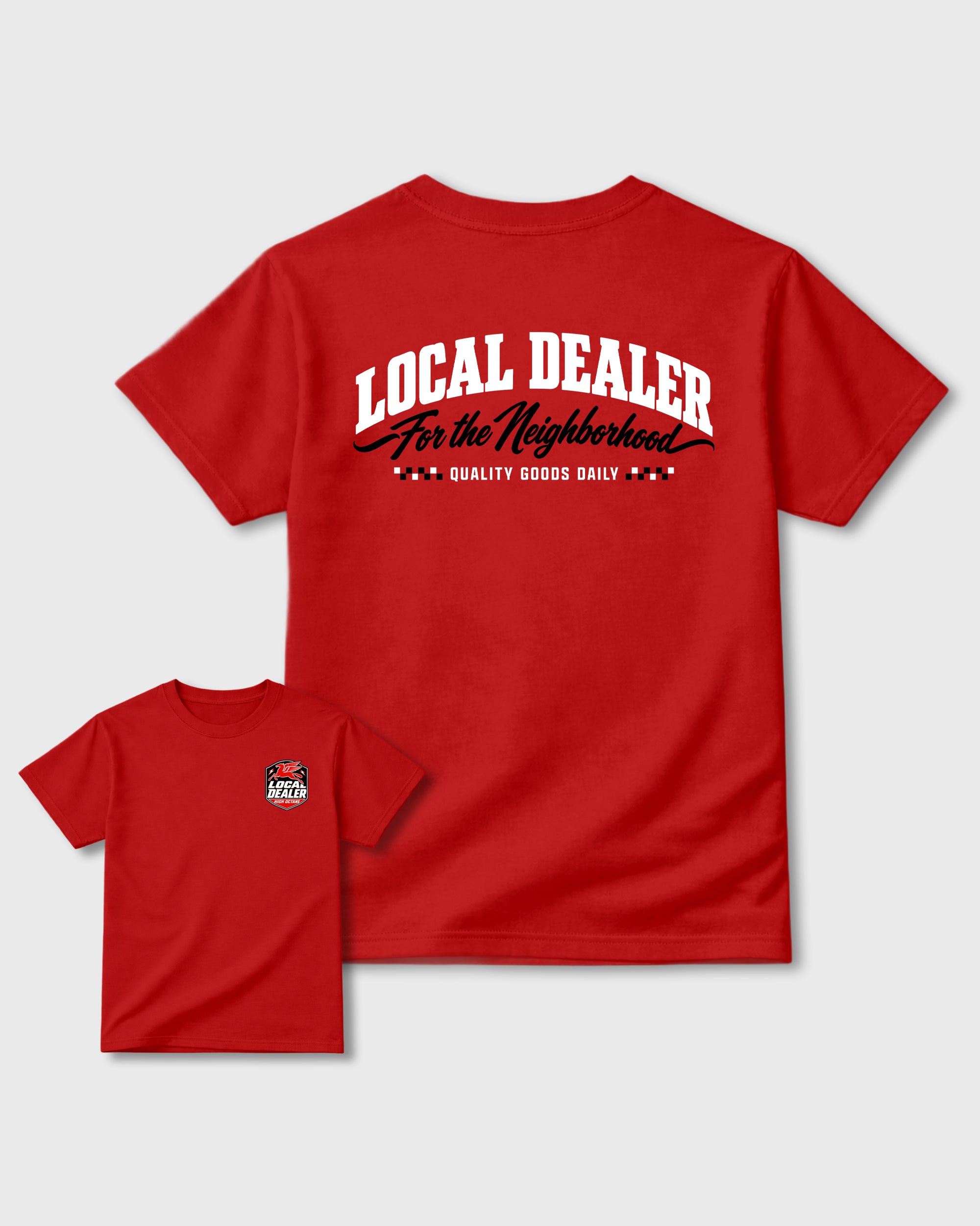 Local Dealer Red Graphic T-Shirt - 2, sneaker tee made to match Air Jordan 6 Retro "White Infrared" sneakers with original graphic artwork for a coordinated sneaker outfit.