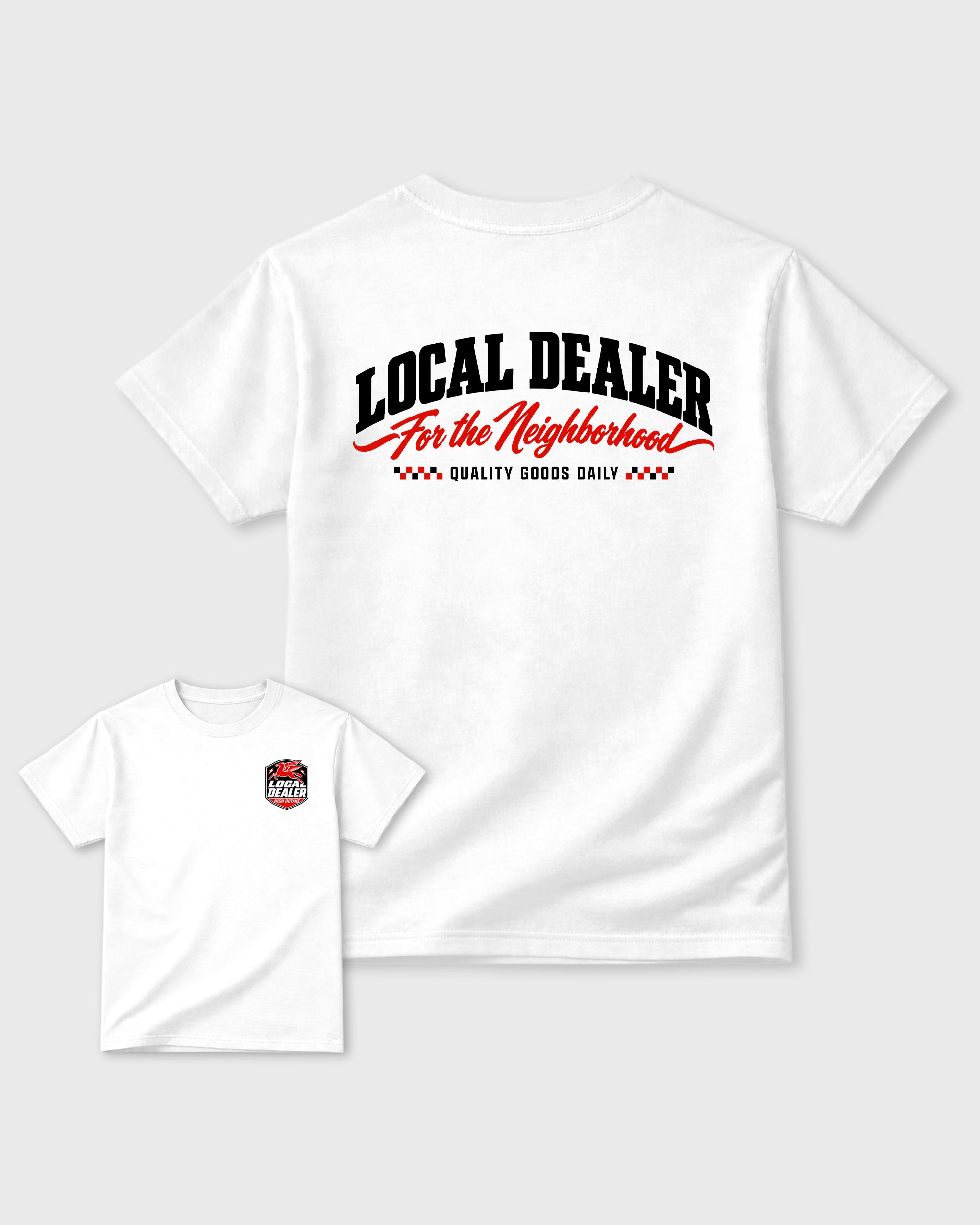 Local Dealer White Graphic T-Shirt - 1, sneaker matching tee designed to match Air Jordan 6 Retro "White Infrared" sneakers for a coordinated sneaker outfit.
