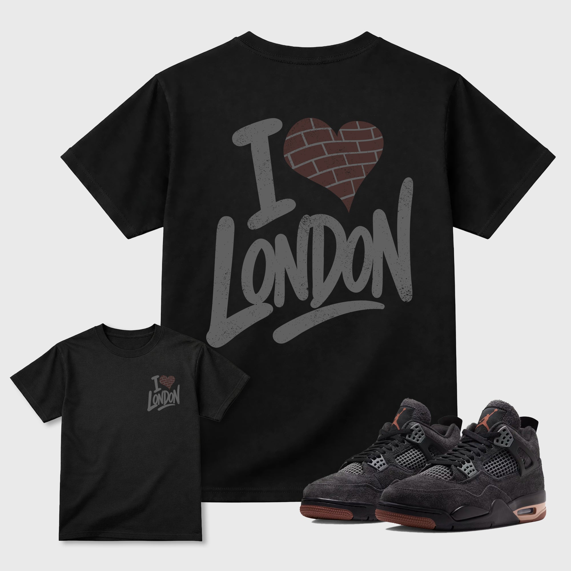 London Brick Heart Graphic T-Shirt featuring original streetwear artwork designed to match the Air Jordan 4 London. a sneaker matching shirt for a coordinated sneaker outfit.