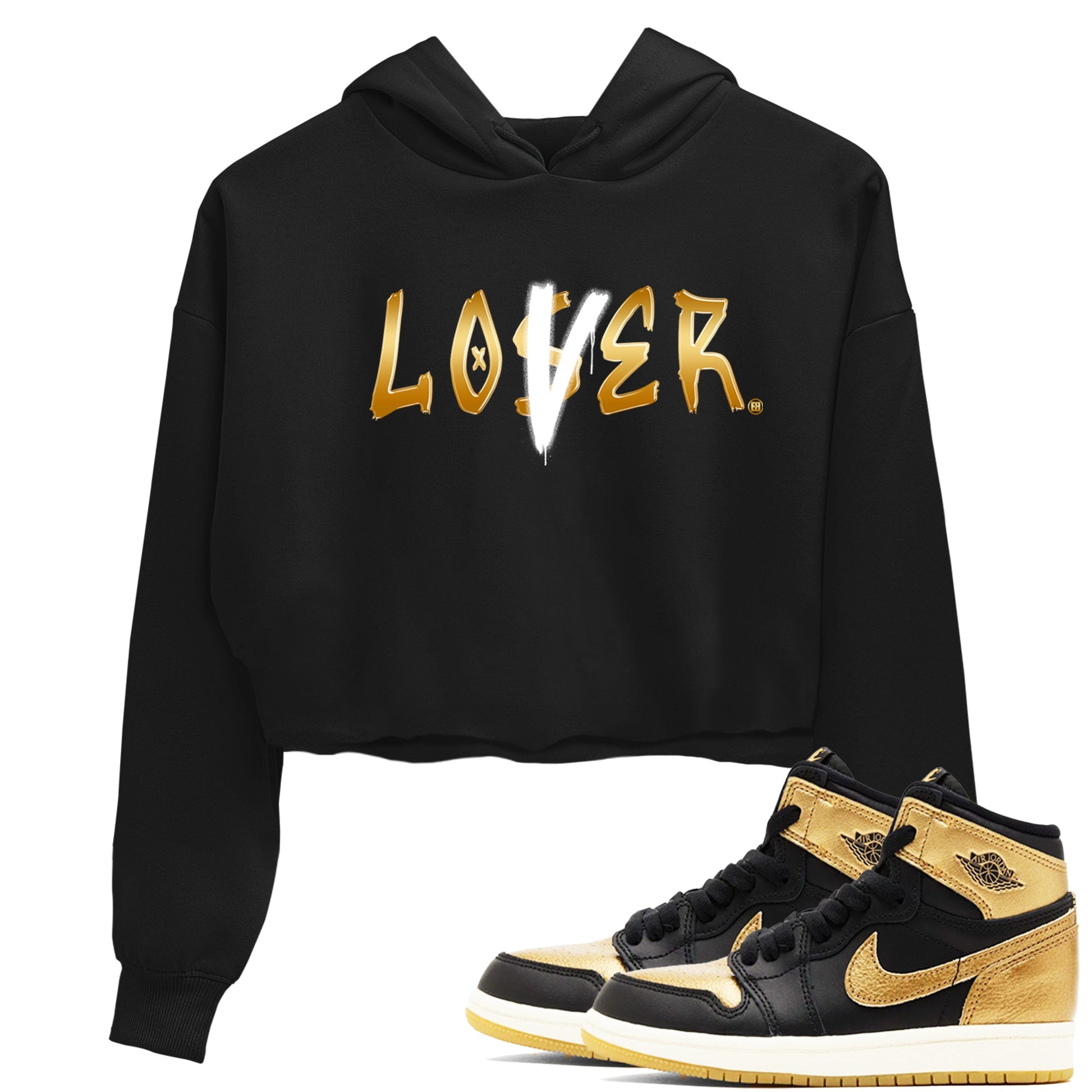 AJ1 Black Metallic Gold shirts to match jordans Loser Lover sneaker match tees Air Jordan 1 Black Metallic Gold SNRT Sneaker Tees streetwear brand Black 1 crop tee