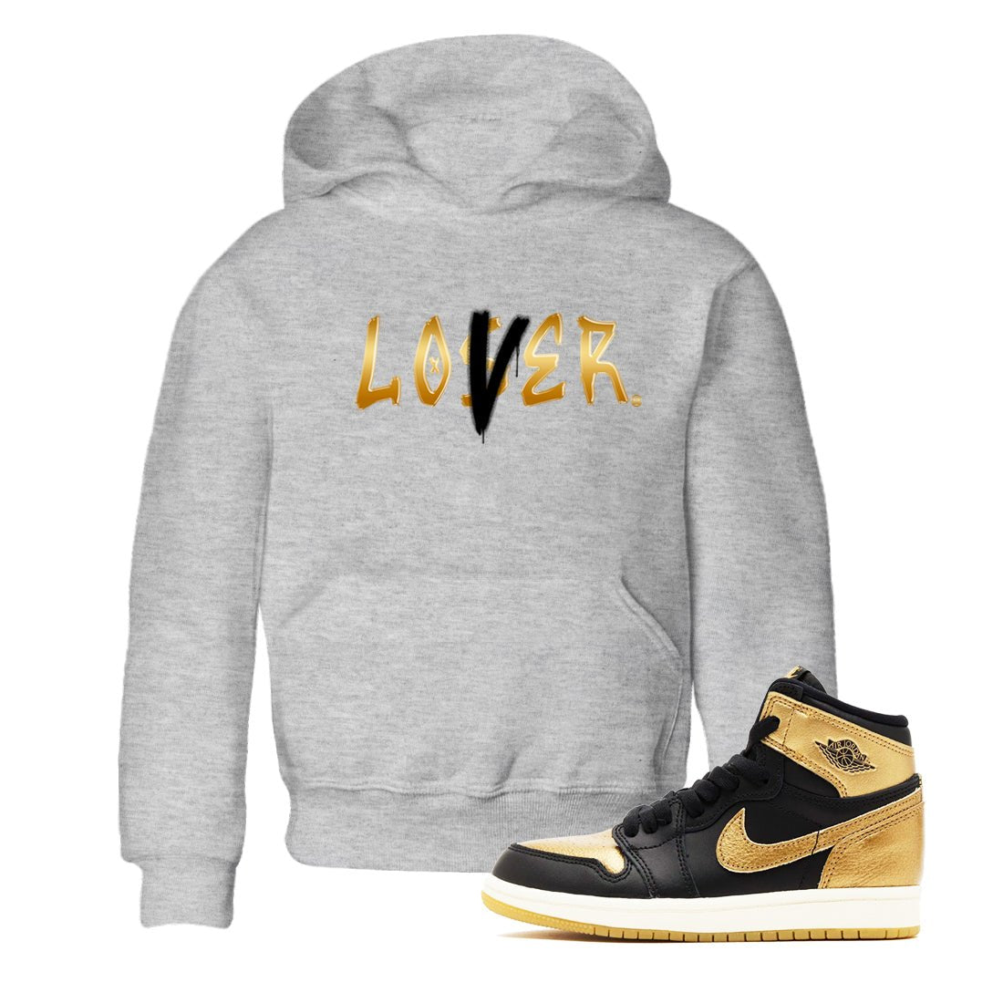 AJ1 Black Metallic Gold shirts to match jordans Loser Lover sneaker match tees Air Jordan 1 Black Metallic Gold SNRT Sneaker Tees streetwear brand Baby and Youth Heather Grey 1 cotton tee