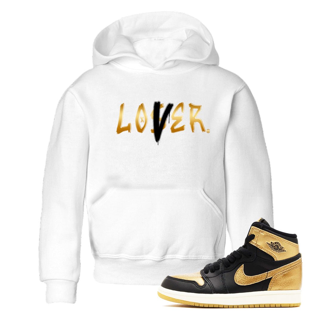 AJ1 Black Metallic Gold shirts to match jordans Loser Lover sneaker match tees Air Jordan 1 Black Metallic Gold SNRT Sneaker Tees streetwear brand Baby and Youth White 1 cotton tee