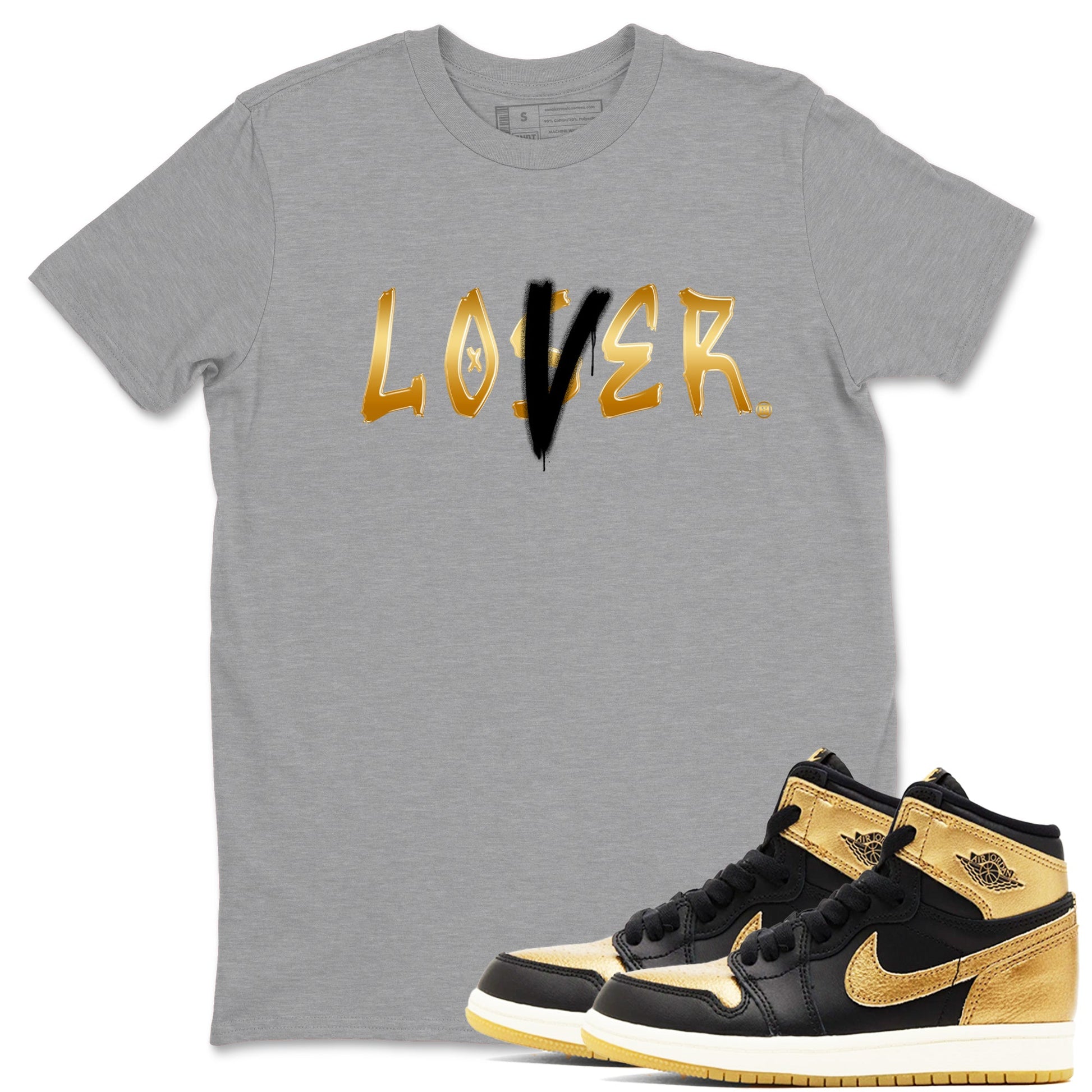 AJ1 Black Metallic Gold shirts to match jordans Loser Lover sneaker match tees Air Jordan 1 Black Metallic Gold SNRT Sneaker Tees streetwear brand Heather Grey 1 unisex cotton tee