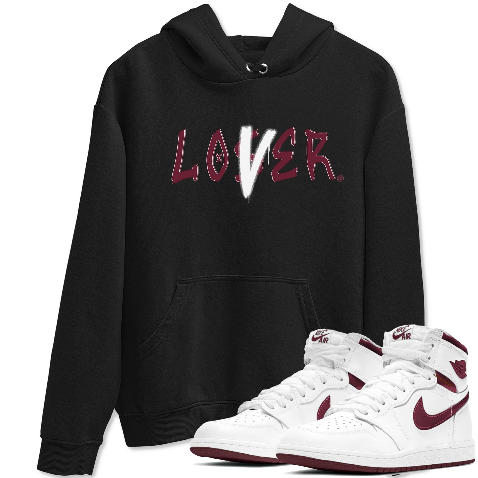 1s Metallic Burgundy shirts to match jordans Loser Lover sneaker match tees Jordan 1 Retro High '85 OG Metallic Burgundy SNRT Sneaker Tees streetwear brand Black 1 unisex cotton tee