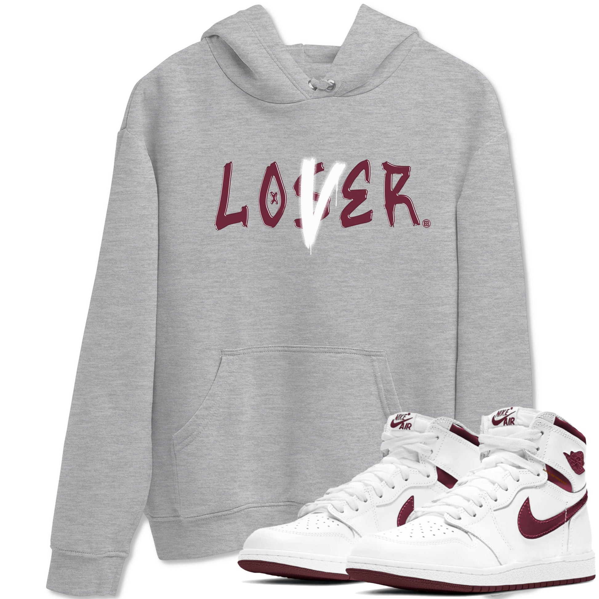 1s Metallic Burgundy shirts to match jordans Loser Lover sneaker match tees Jordan 1 Retro High '85 OG Metallic Burgundy SNRT Sneaker Tees streetwear brand Heather Grey 1 unisex cotton tee