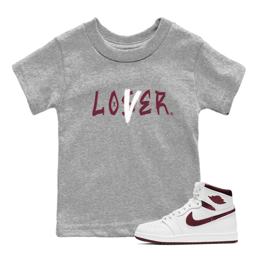 1s Metallic Burgundy shirts to match jordans Loser Lover sneaker match tees Jordan 1 Retro High '85 OG Metallic Burgundy SNRT Sneaker Tees streetwear brand Baby and Youth Heather Grey 1 cotton tee
