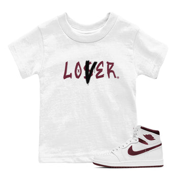 1s Metallic Burgundy shirts to match jordans Loser Lover sneaker match tees Jordan 1 Retro High '85 OG Metallic Burgundy SNRT Sneaker Tees streetwear brand Baby and Youth White 1 cotton tee