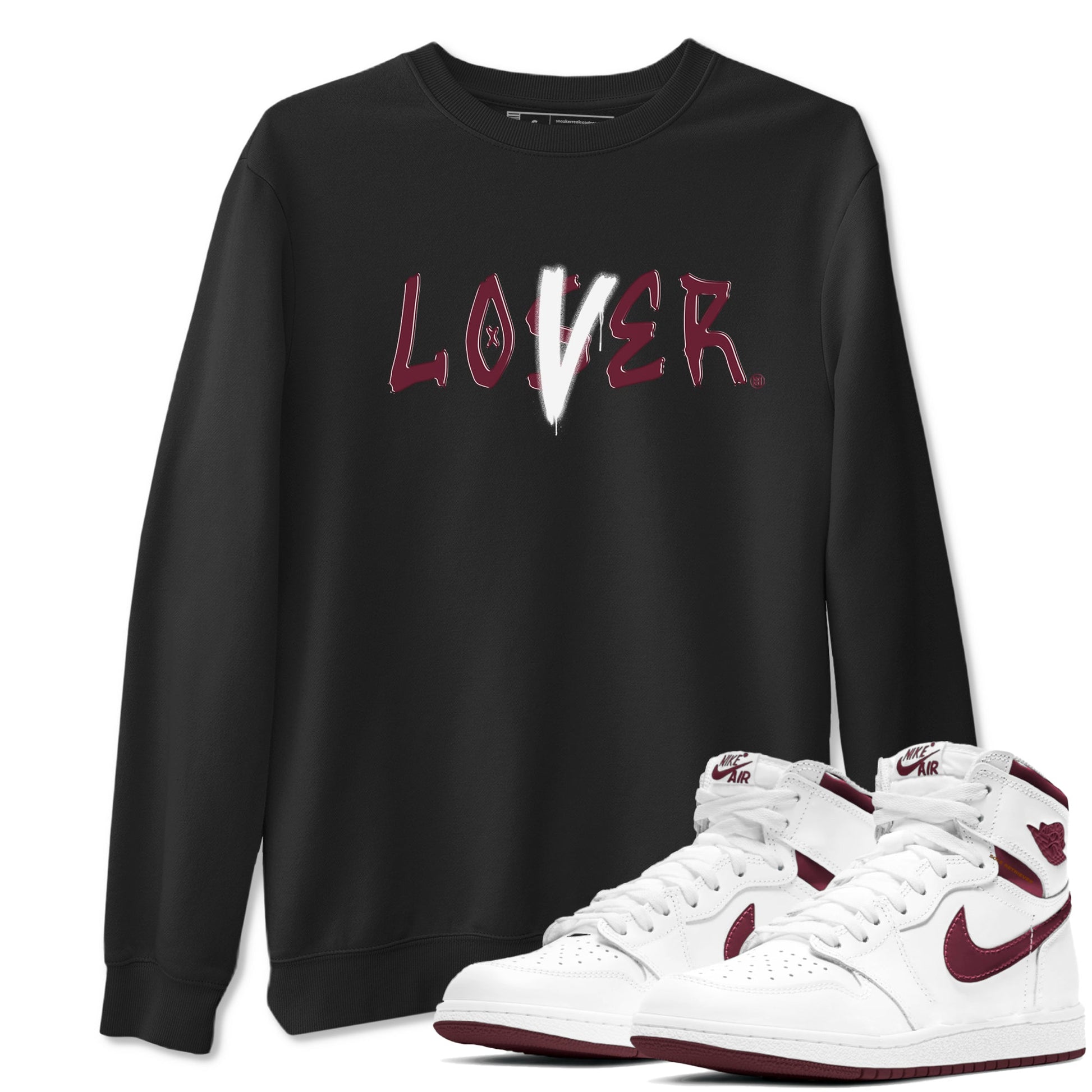 1s Metallic Burgundy shirts to match jordans Loser Lover sneaker match tees Jordan 1 Retro High '85 OG Metallic Burgundy SNRT Sneaker Tees streetwear brand Black 1 unisex cotton tee