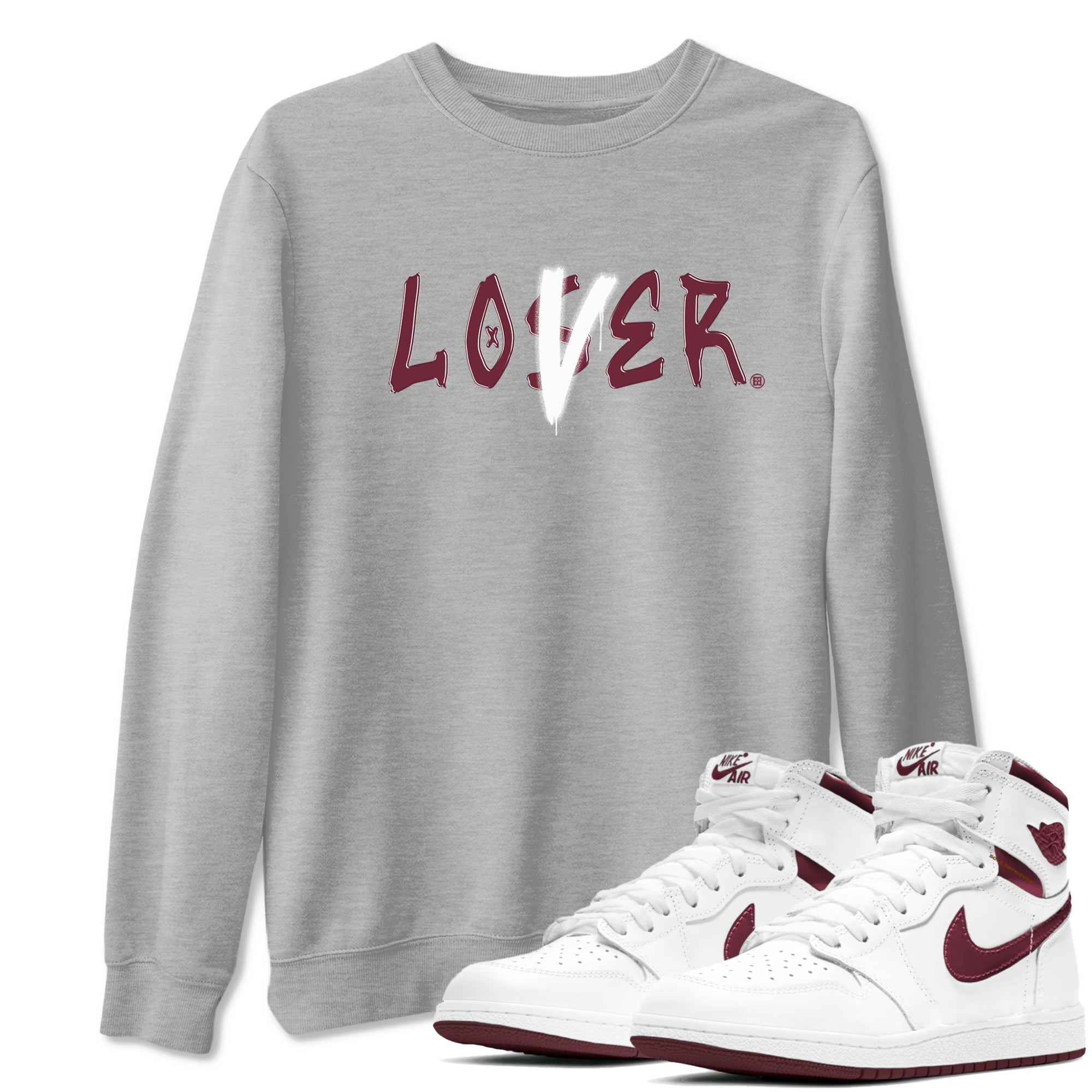 1s Metallic Burgundy shirts to match jordans Loser Lover sneaker match tees Jordan 1 Retro High '85 OG Metallic Burgundy SNRT Sneaker Tees streetwear brand Heather Grey 1 unisex cotton tee