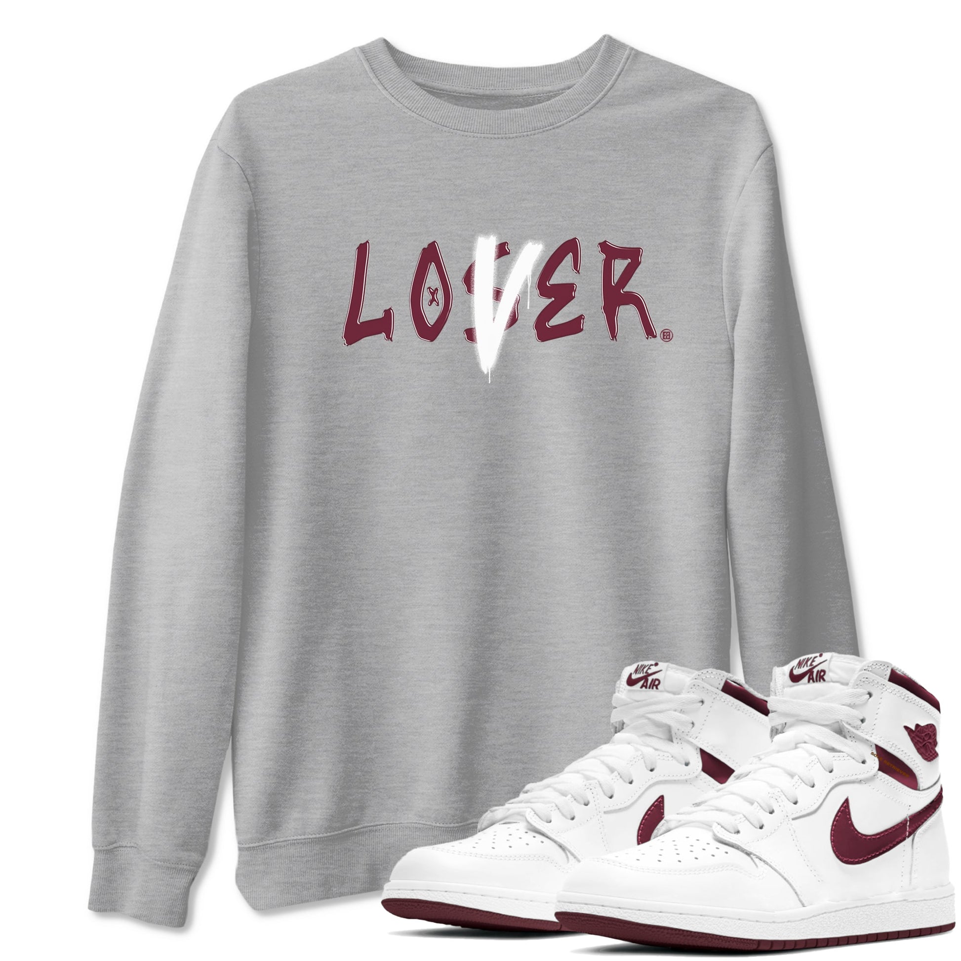 1s Metallic Burgundy shirts to match jordans Loser Lover sneaker match tees Jordan 1 Retro High '85 OG Metallic Burgundy SNRT Sneaker Tees streetwear brand Heather Grey 1 unisex cotton tee