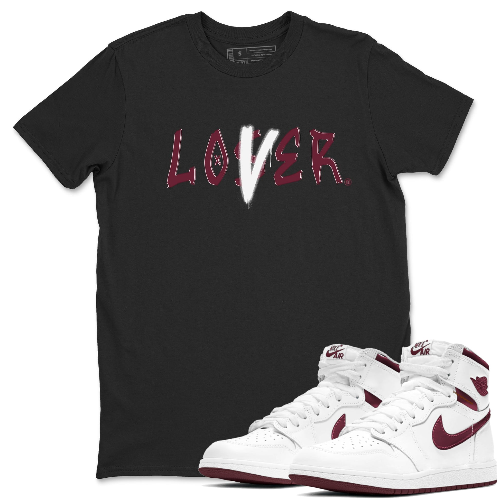 1s Metallic Burgundy shirts to match jordans Loser Lover sneaker match tees Jordan 1 Retro High '85 OG Metallic Burgundy SNRT Sneaker Tees streetwear brand Black 1 unisex cotton tee