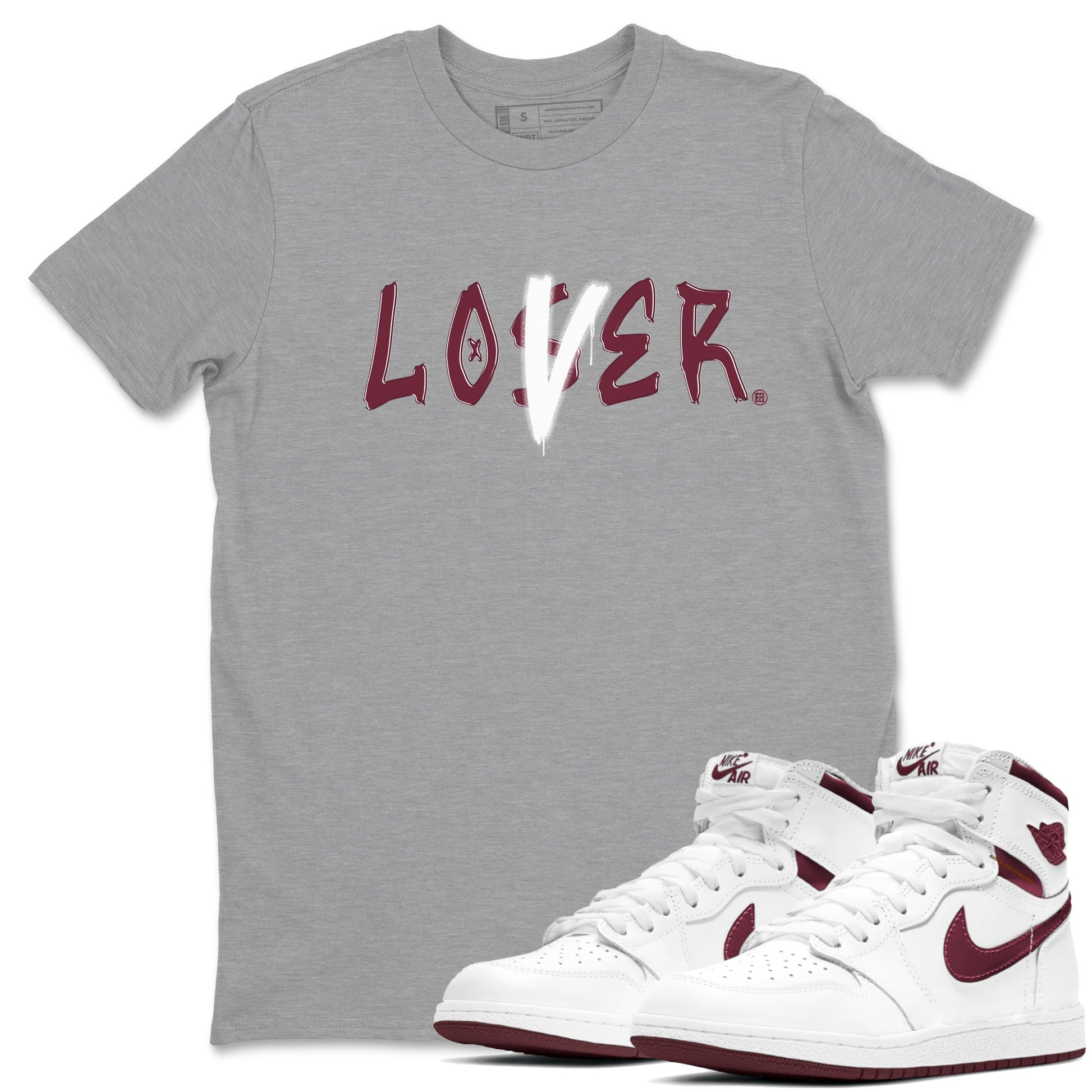 1s Metallic Burgundy shirts to match jordans Loser Lover sneaker match tees Jordan 1 Retro High '85 OG Metallic Burgundy SNRT Sneaker Tees streetwear brand Heather Grey 1 unisex cotton tee