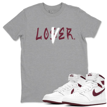 1s Metallic Burgundy shirts to match jordans Loser Lover sneaker match tees Jordan 1 Retro High '85 OG Metallic Burgundy SNRT Sneaker Tees streetwear brand Heather Grey 1 unisex cotton tee