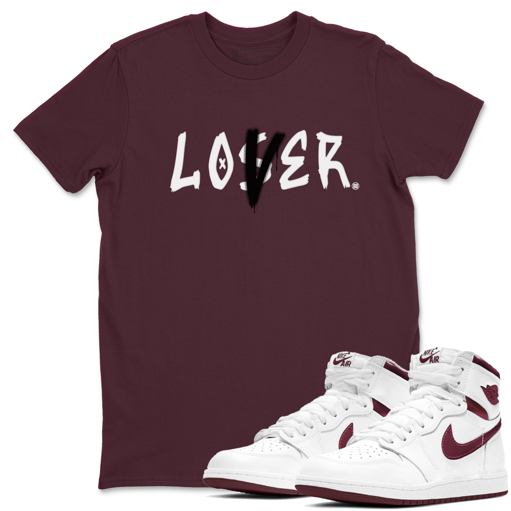1s Metallic Burgundy shirts to match jordans Loser Lover sneaker match tees Jordan 1 Retro High '85 OG Metallic Burgundy SNRT Sneaker Tees streetwear brand Maroon 1 unisex cotton tee