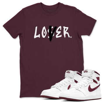 1s Metallic Burgundy shirts to match jordans Loser Lover sneaker match tees Jordan 1 Retro High '85 OG Metallic Burgundy SNRT Sneaker Tees streetwear brand Maroon 1 unisex cotton tee