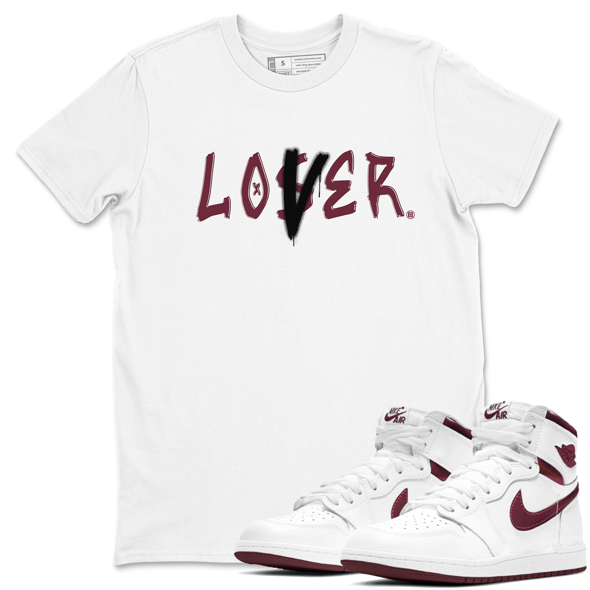 1s Metallic Burgundy shirts to match jordans Loser Lover sneaker match tees Jordan 1 Retro High '85 OG Metallic Burgundy SNRT Sneaker Tees streetwear brand White 1 unisex cotton tee